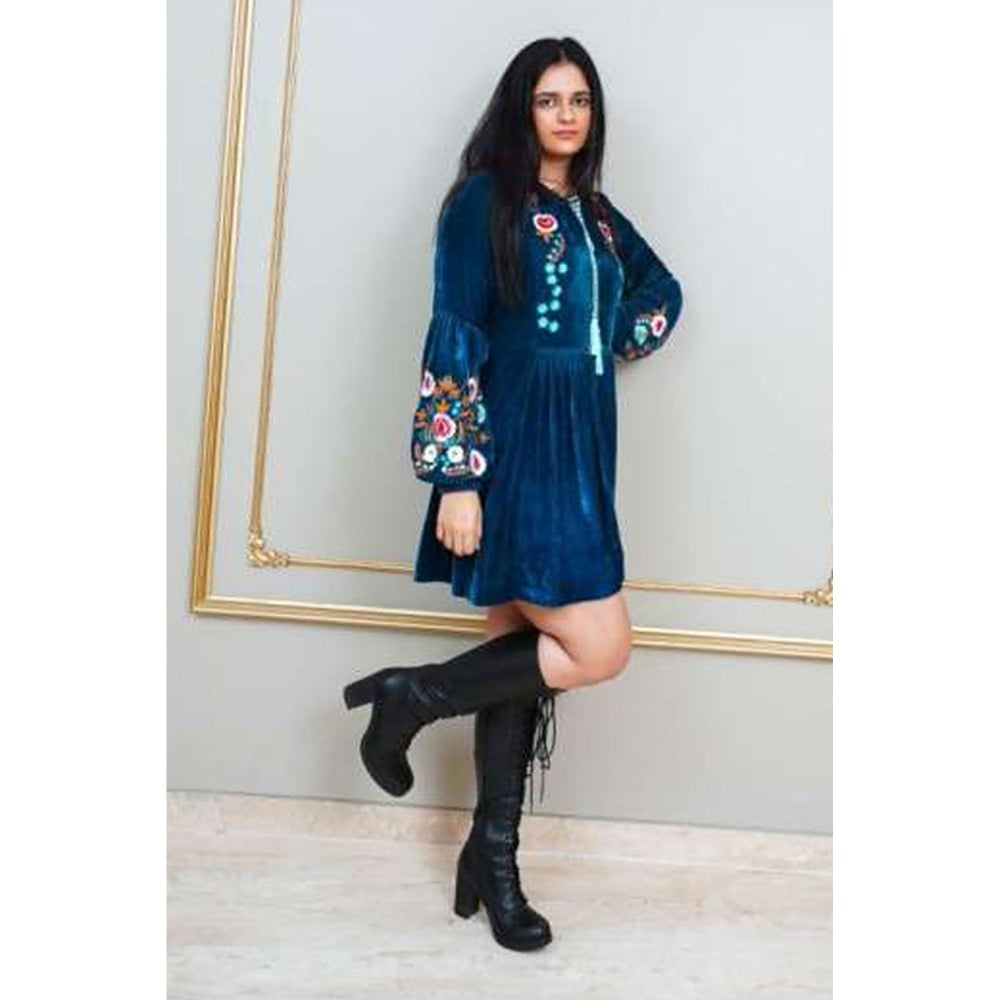 Label Simran Kochher Blue Velveteen Artwork Mini Dress