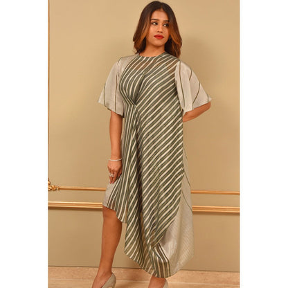 Label Simran Kochher Grey Tic Stripped Drape Dress