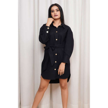 Label Simran Kochher Black Charcoal Cuff Sleeves Mini Shirt Dress with Belt (Set of 2)