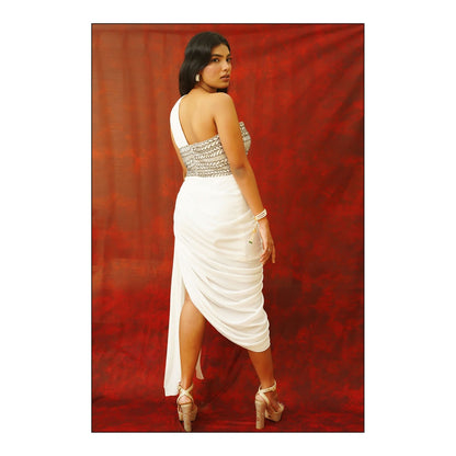 Label Simran Kochher White Enticing One-Shoulder Drape Dress