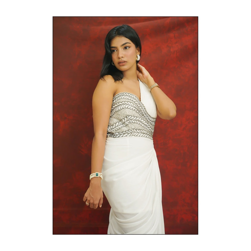 Label Simran Kochher White Enticing One-Shoulder Drape Dress