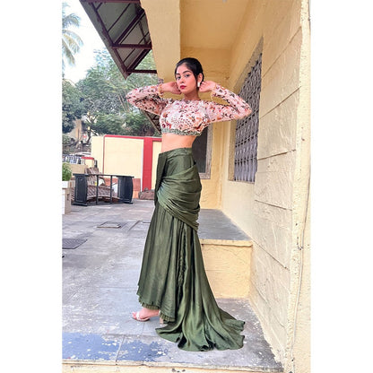 Label Simran Kochher Green Drape Skirt With Crop Top (Set of 2)