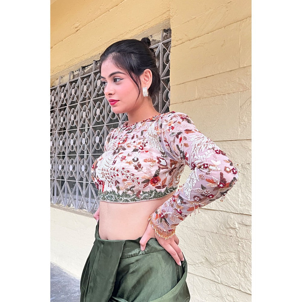 Label Simran Kochher Green Drape Skirt With Crop Top (Set of 2)