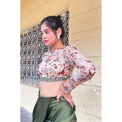 Label Simran Kochher Green Drape Skirt With Crop Top (Set of 2)