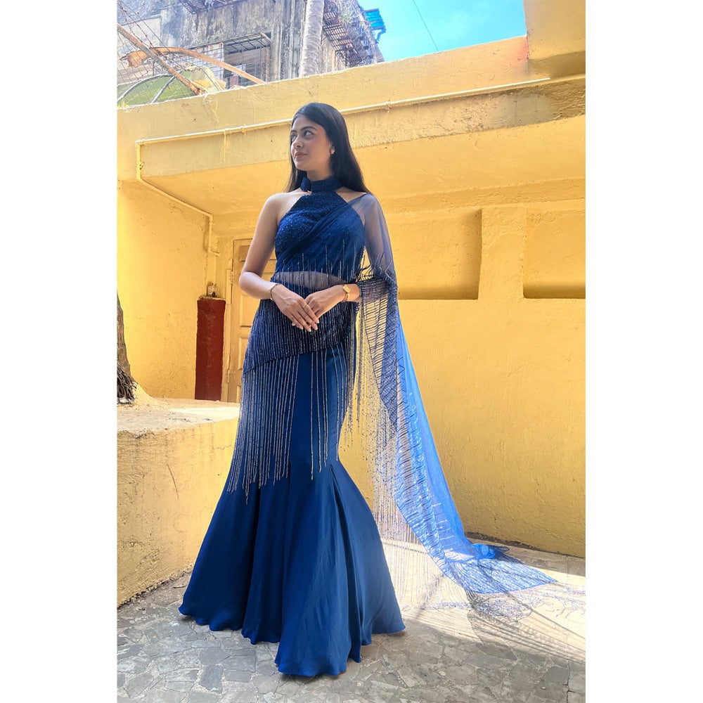 Label Simran Kochher Blue Fish Cut Skirt With Crop Top (Set of 2)