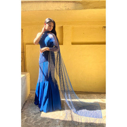 Label Simran Kochher Blue Fish Cut Skirt With Crop Top (Set of 2)