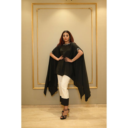 Label Simran Kochher Black Butterfly Cape Sleeve Top With Pant (Set of 2)