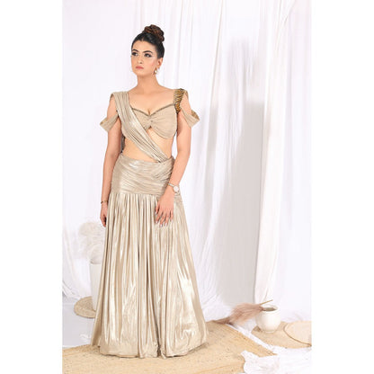 Label Simran Kochher Dune Drip Taupe Pre Draped Saree with Stitched Blouse
