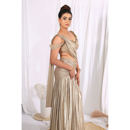 Label Simran Kochher Dune Drip Taupe Pre Draped Saree with Stitched Blouse