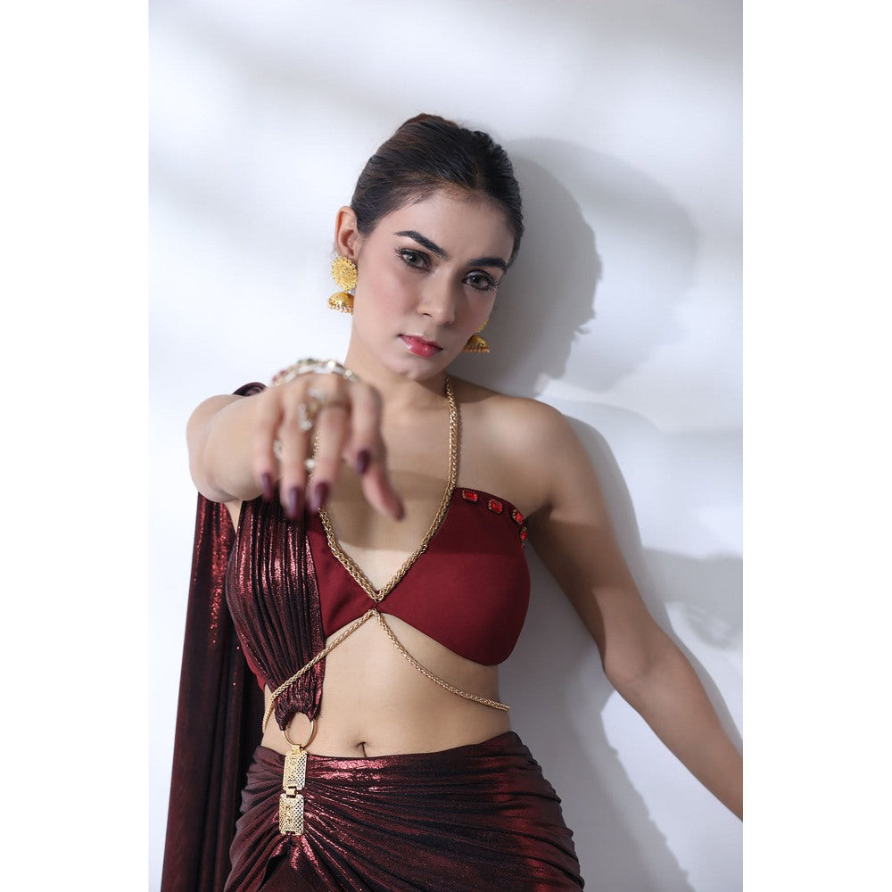 Label Simran Kochher Burnt Rogue Maroon Pre Draped Saree with Stitched Blouse