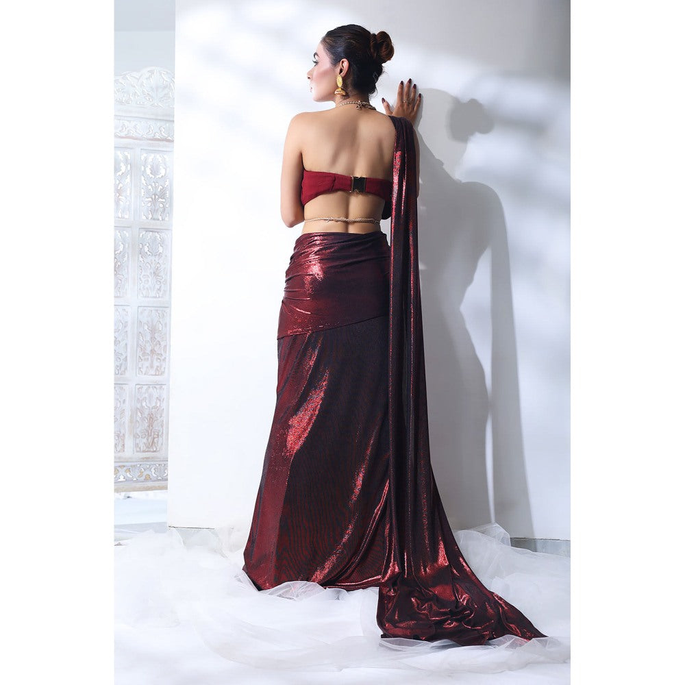 Label Simran Kochher Burnt Rogue Maroon Pre Draped Saree with Stitched Blouse