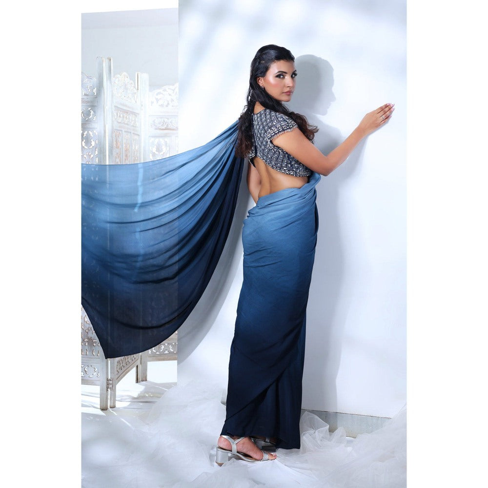 Label Simran Kochher Blue Inkwell Pre-draped Saree with Stitched Blouse