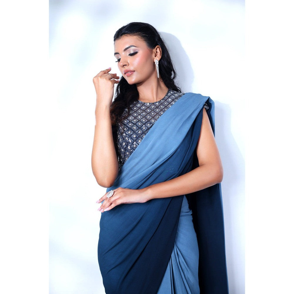 Label Simran Kochher Blue Inkwell Pre-draped Saree with Stitched Blouse