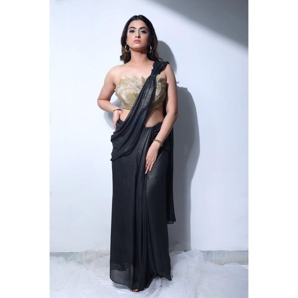 Label Simran Kochher Black Sun Kissed Bloom Pre-Draped Saree with Stitched Blouse