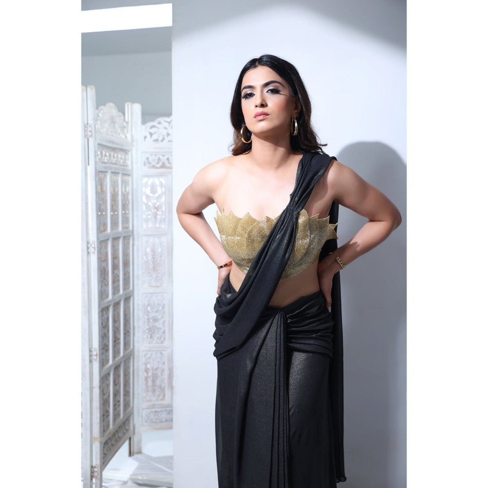 Label Simran Kochher Black Sun Kissed Bloom Pre-Draped Saree with Stitched Blouse
