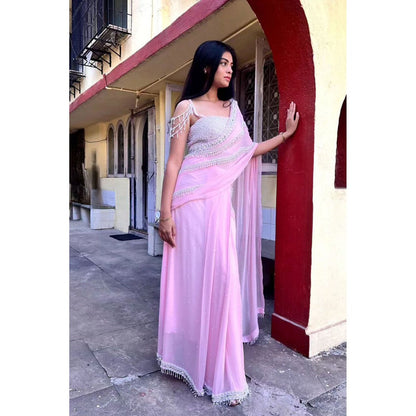 Label Simran Kochher Powder Pink Pre-Draped Saree with Stitched Blouse