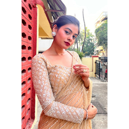 Label Simran Kochher Pale Gold Pre-Draped Saree with Stitched Blouse