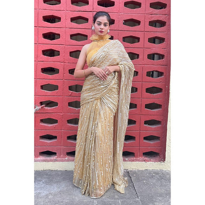 Label Simran Kochher Gold Pre-Draped Saree with Stitched Blouse