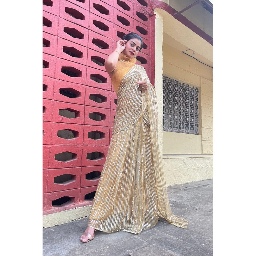 Label Simran Kochher Gold Pre-Draped Saree with Stitched Blouse