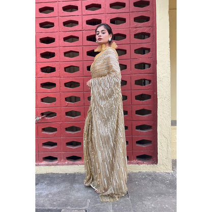 Label Simran Kochher Gold Pre-Draped Saree with Stitched Blouse