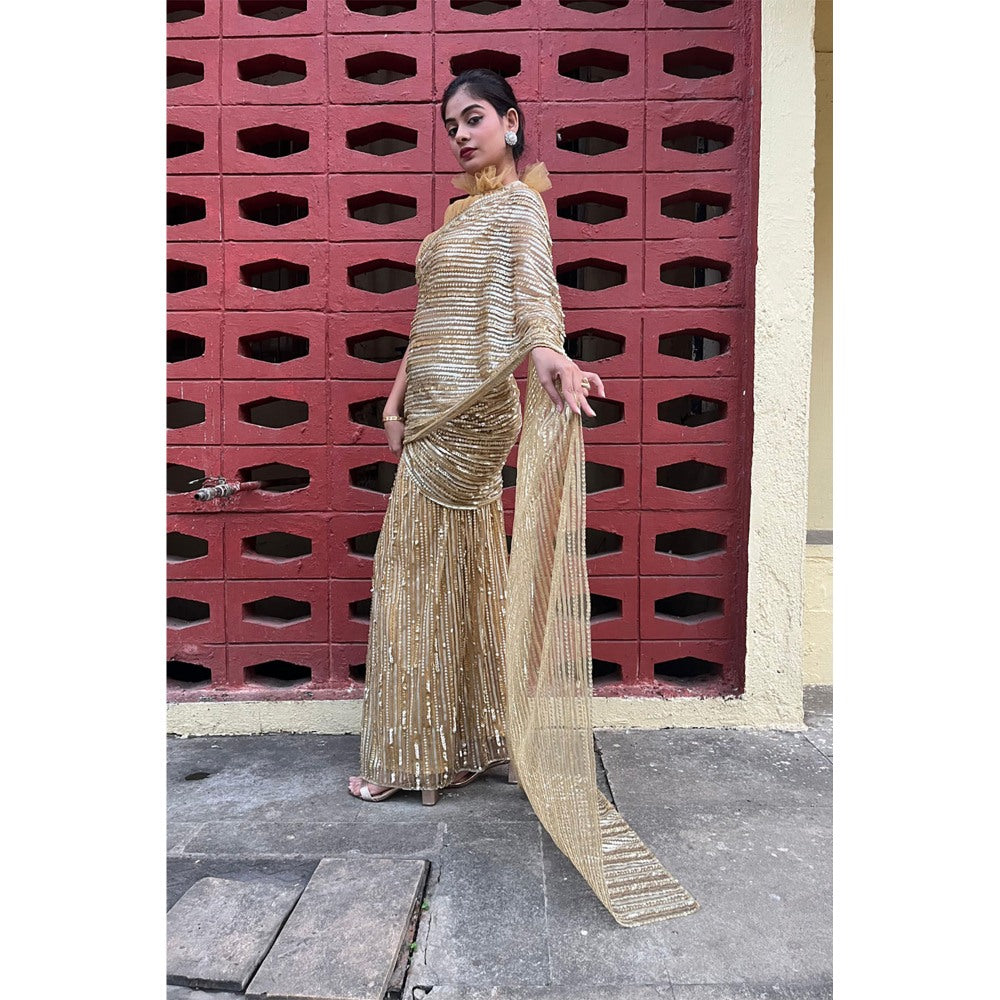 Label Simran Kochher Gold Pre-Draped Saree with Stitched Blouse