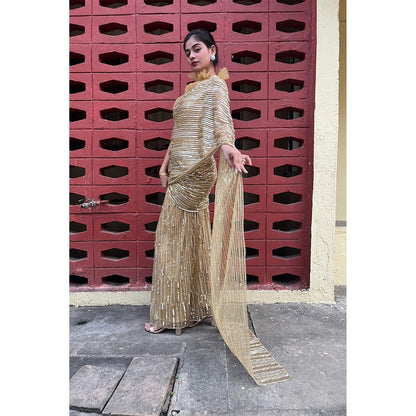 Label Simran Kochher Gold Pre-Draped Saree with Stitched Blouse