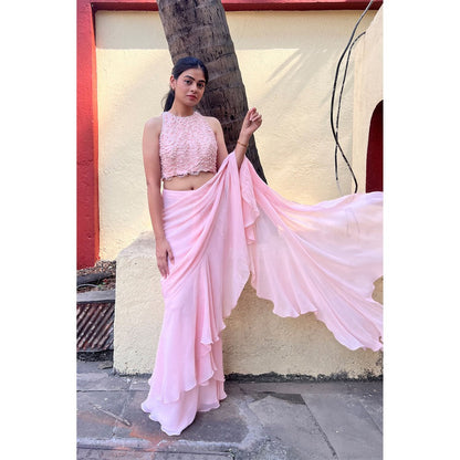Label Simran Kochher Blush Pink Pre-Draped Saree with Stitched Blouse