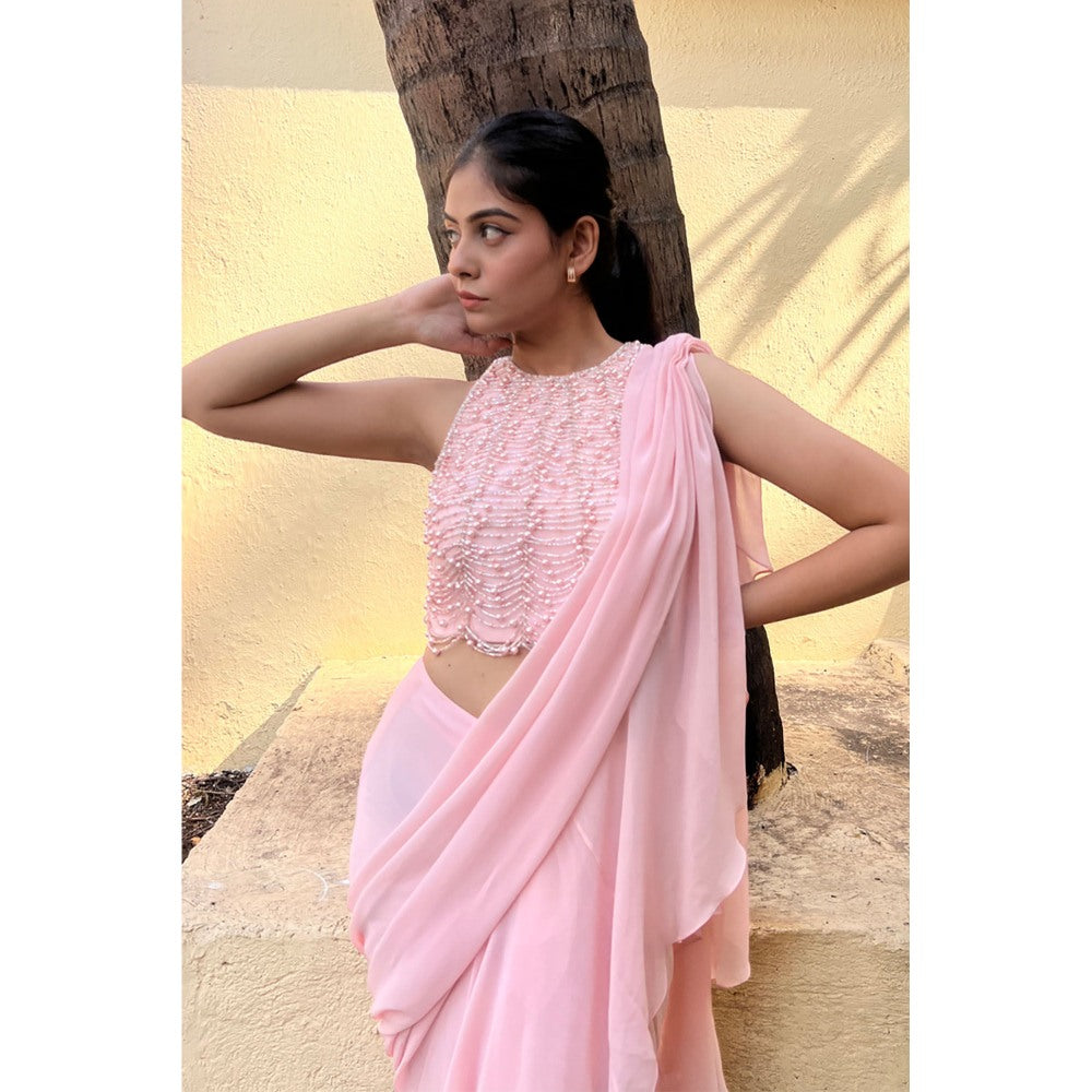 Label Simran Kochher Blush Pink Pre-Draped Saree with Stitched Blouse