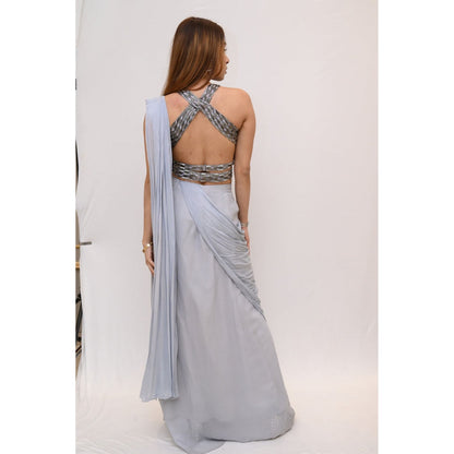 Label Simran Kochher Grey Out Modern Twist Pre-Draped Saree with Stitched Blouse