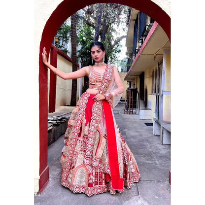 Label Simran Kochher Crimson Red Lehenga with Blouse and Dupatta (Set of 3)