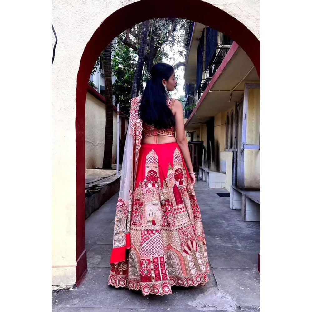 Label Simran Kochher Crimson Red Lehenga with Blouse and Dupatta (Set of 3)
