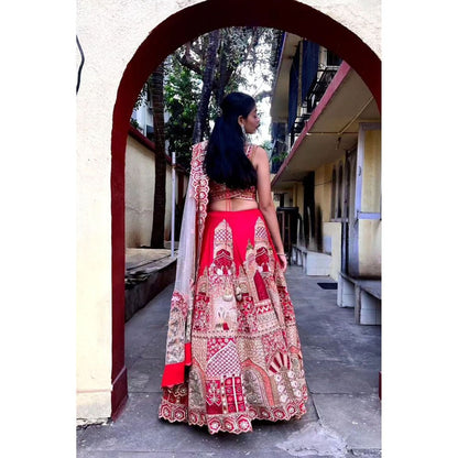 Label Simran Kochher Crimson Red Lehenga with Blouse and Dupatta (Set of 3)