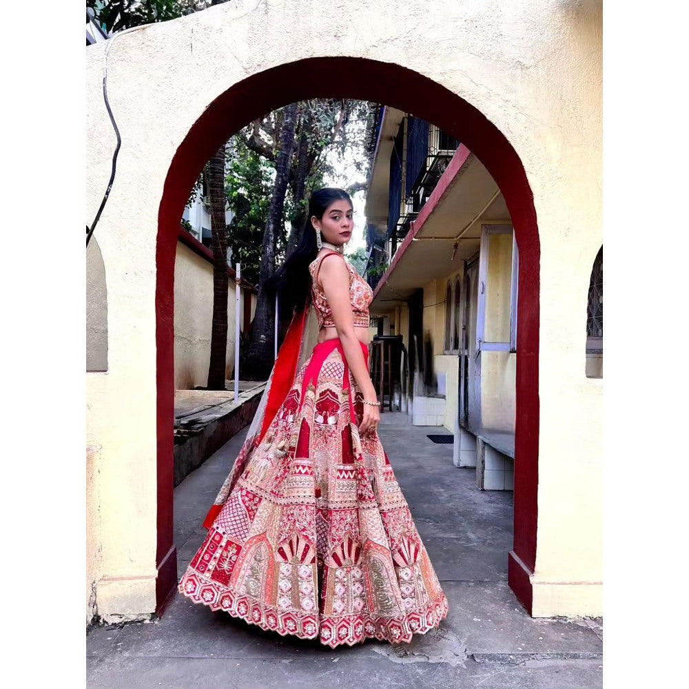 Label Simran Kochher Crimson Red Lehenga with Blouse and Dupatta (Set of 3)