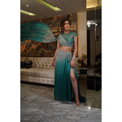 Label Simran Kochher Green Dual Shade Embellished Blouse with Skirt (Set of 2)