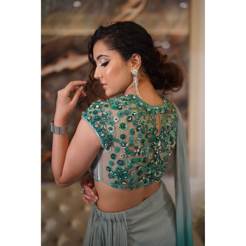 Label Simran Kochher Green Dual Shade Embellished Blouse with Skirt (Set of 2)