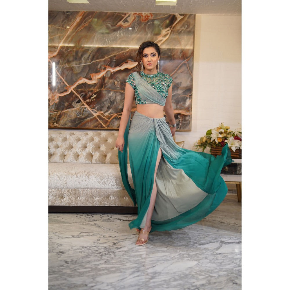 Label Simran Kochher Green Dual Shade Embellished Blouse with Skirt (Set of 2)