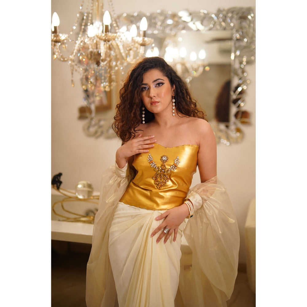 Label Simran Kochher Yellow The Royal Whimsical Blouse with Cape and Skirt (Set of 3)