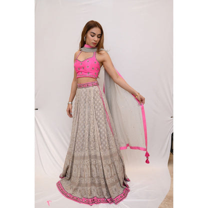 Label Simran Kochher Grey Popin'n In Pink Lehenga with Blouse and Dupatta (Set of 3)