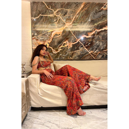 Label Simran Kochher Red Silkscreened Jumpsuit