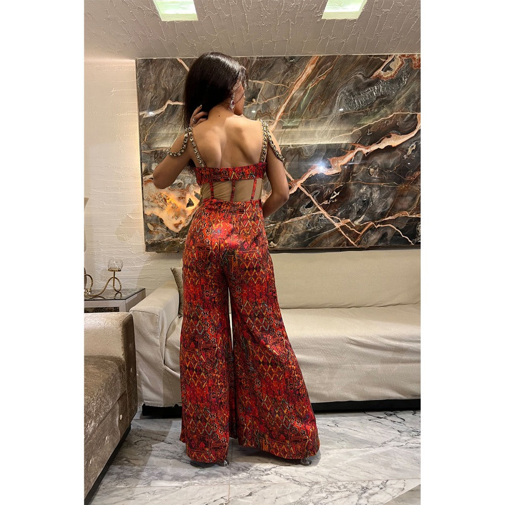 Label Simran Kochher Red Silkscreened Jumpsuit