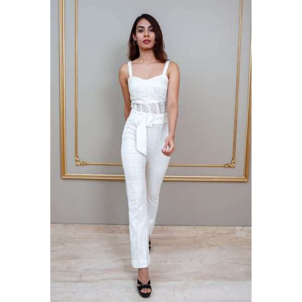 Label Simran Kochher White Pristine Lacy Corset Jumpsuit with Belt (Set of 2)