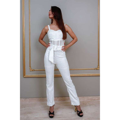 Label Simran Kochher White Pristine Lacy Corset Jumpsuit with Belt (Set of 2)