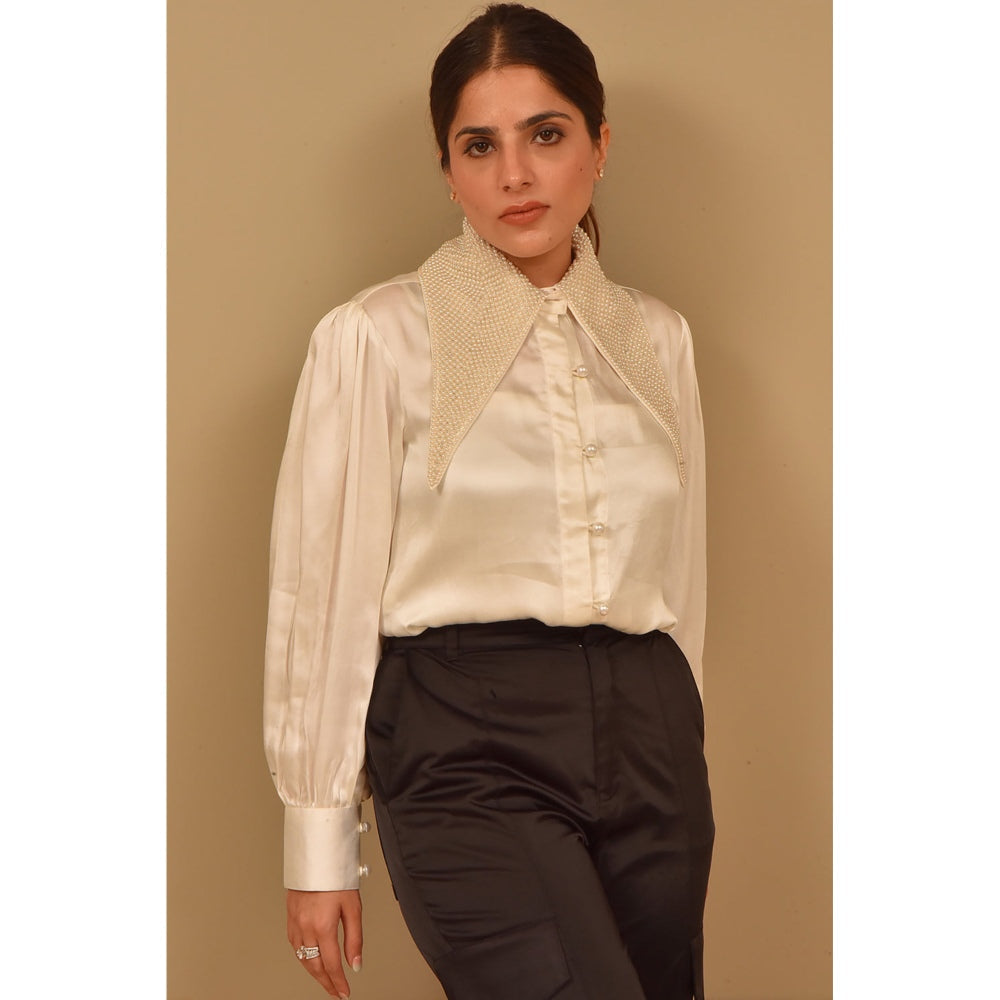 Label Simran Kochher White Pearl Satin Beaded Collar Shirt