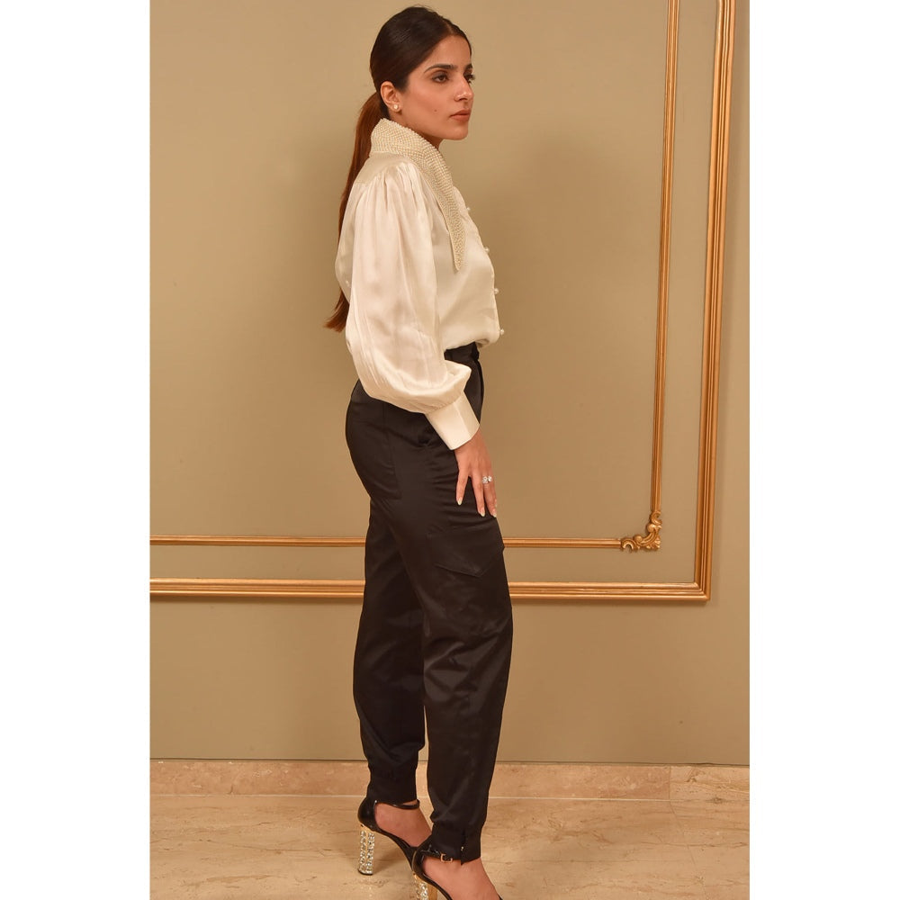 Label Simran Kochher White Pearl Satin Beaded Collar Shirt