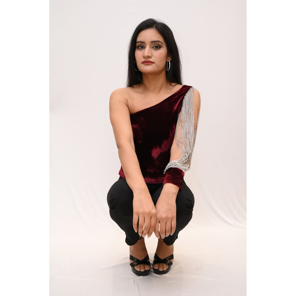 Label Simran Kochher Maroon Stiletto One Sleeve Velvety Top