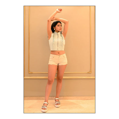 Label Simran Kochher Blue Playful Ruffles Leather Crop Top