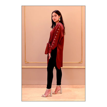 Label Simran Kochher Maroon Embroidered Tied In Knots Top