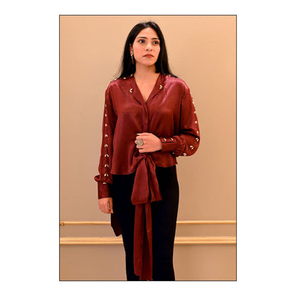 Label Simran Kochher Maroon Embroidered Tied In Knots Top