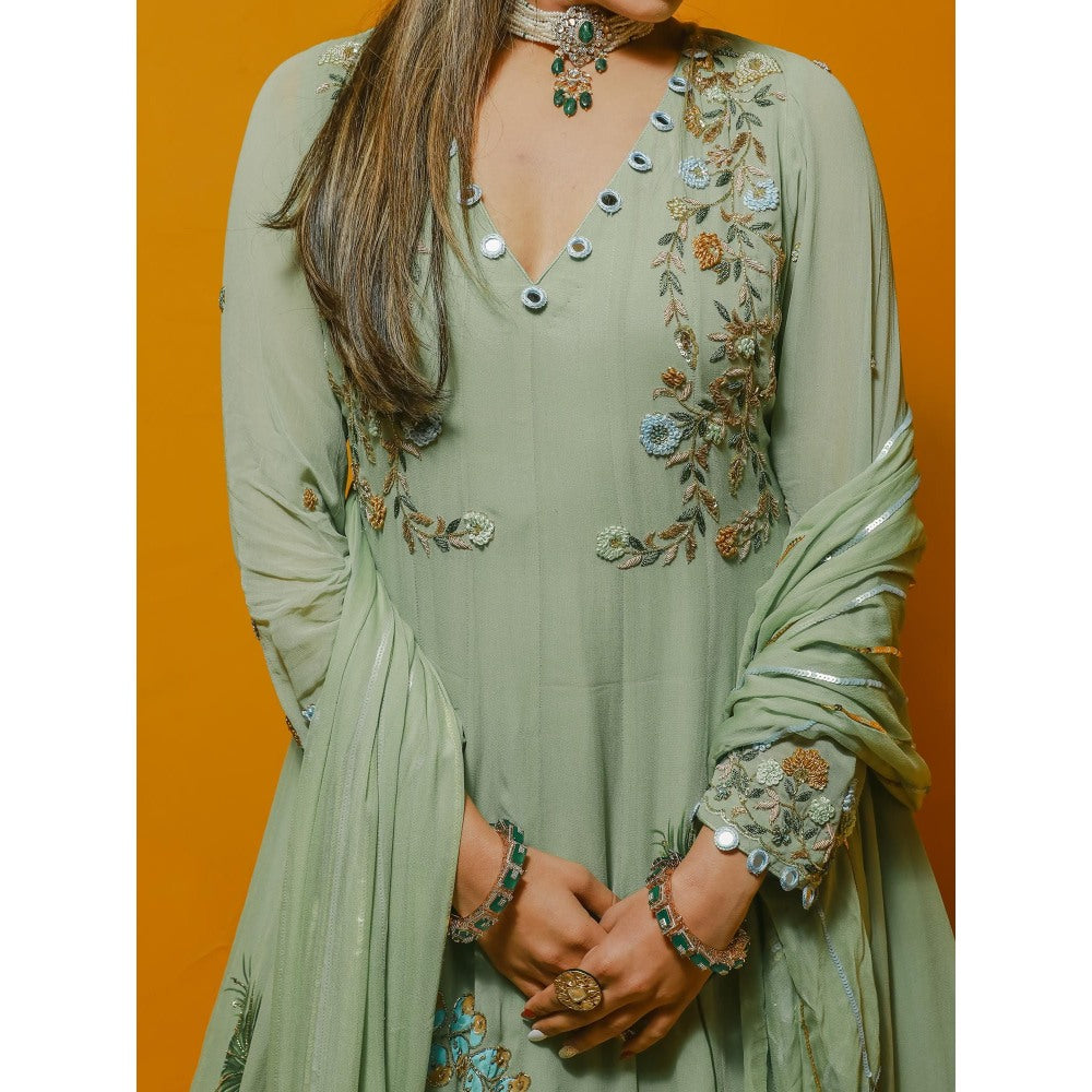 Simmi Guntaj Green Anarkali with Skirt and Dupatta (Set of 3)