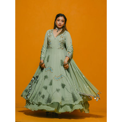 Simmi Guntaj Green Anarkali with Skirt and Dupatta (Set of 3)